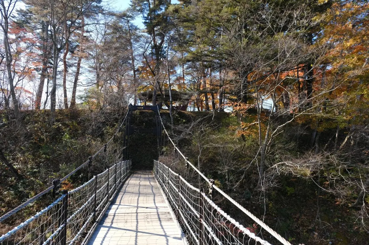 厳美渓の吊橋の秋の紅葉の風景